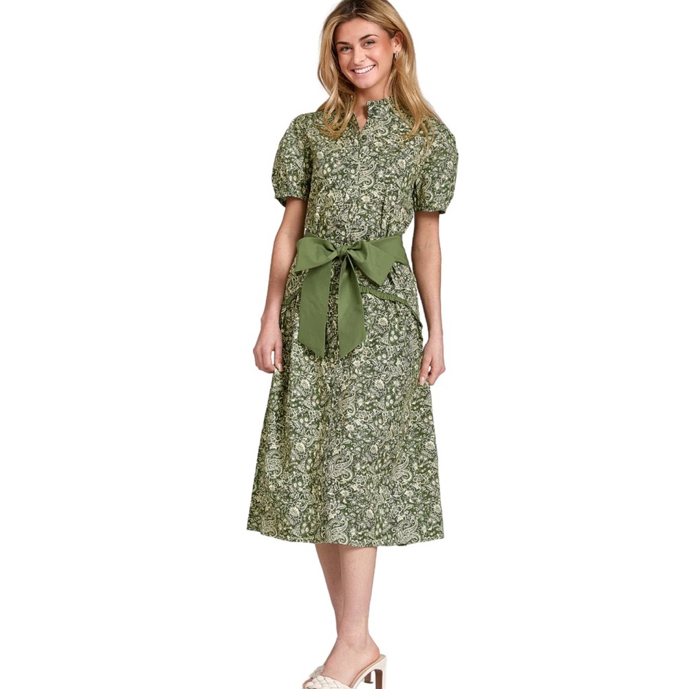 Green Floral Midi Dress with Waist Tie